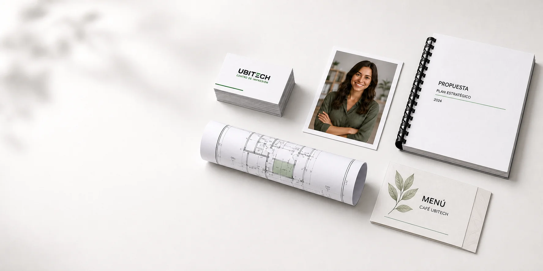 Tarjetas de presentación, retrato fotográfico, propuesta anillada, plano arquitectónico y menú impresos