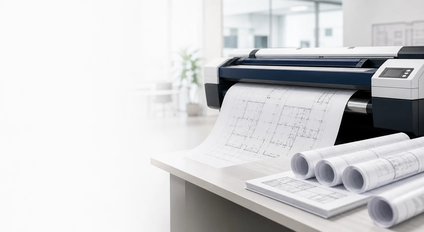 Impresora de gran formato produciendo planos arquitectónicos