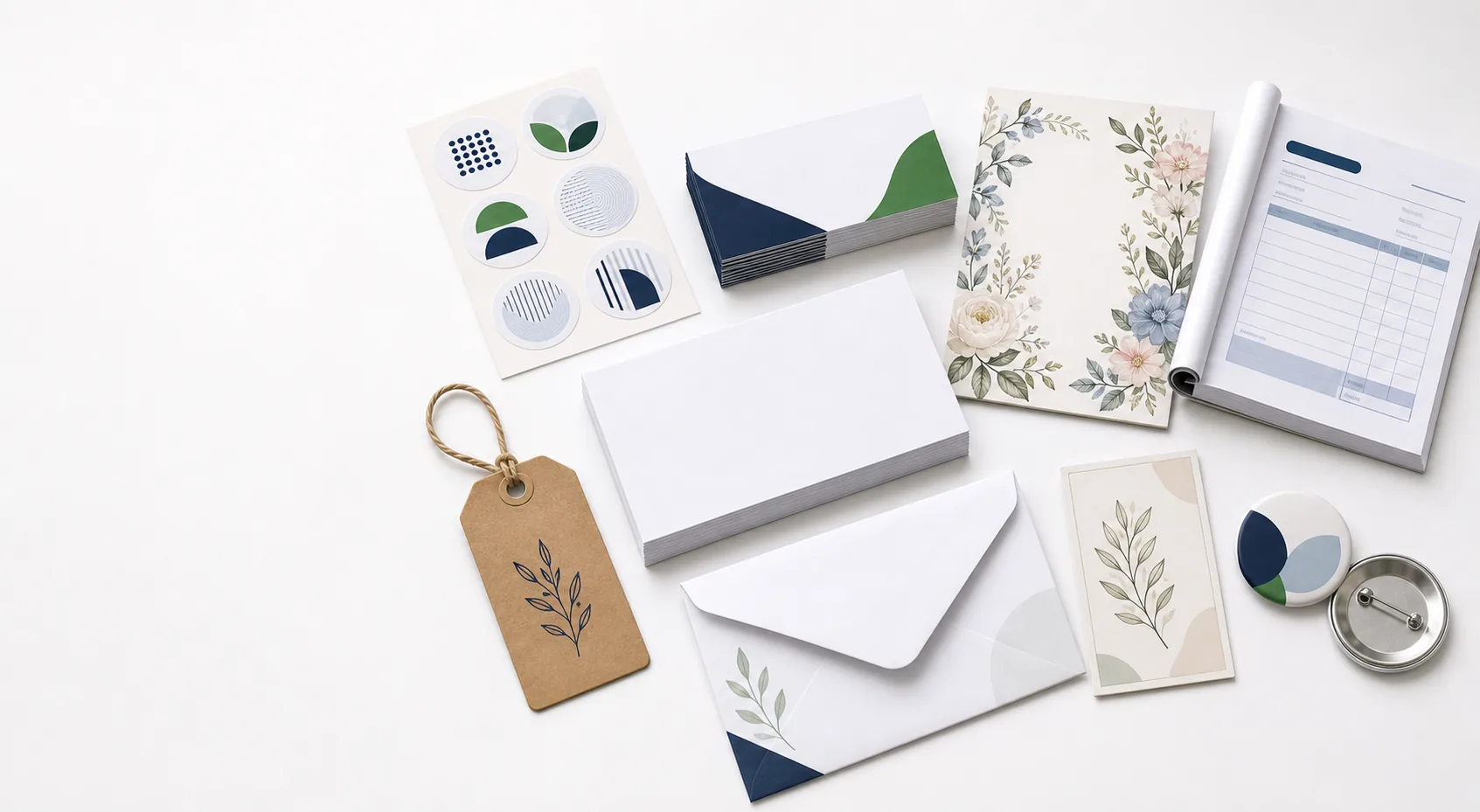 Stickers, tarjetas, invitación, libreta de factura, recordatorio, sobre, tag y pines impresos