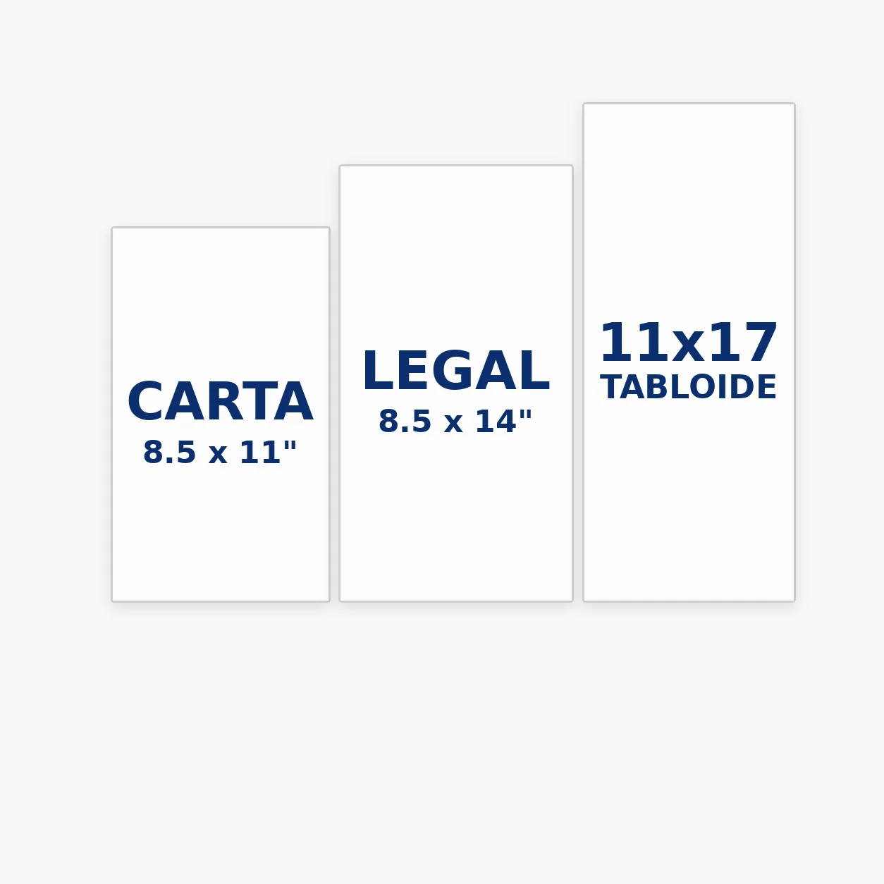 Carta 8.5 por 11 pulgadas, Legal 8.5 por 14 pulgadas y Tabloide 11 por 17 pulgadas
