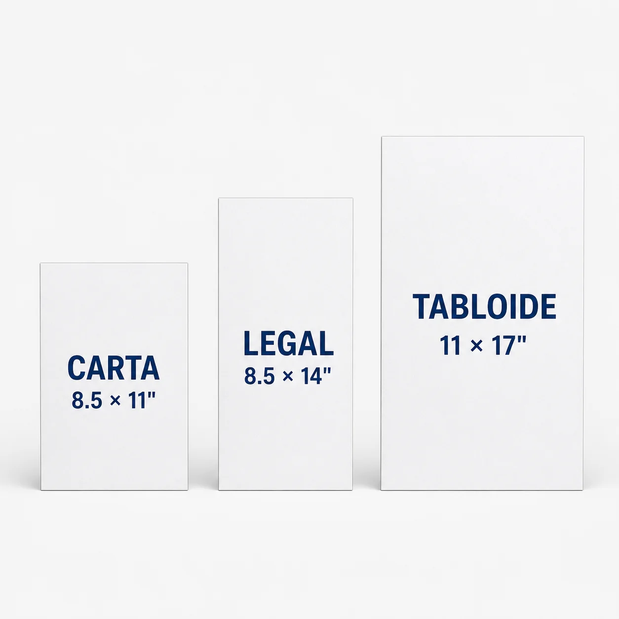 Tamaños Carta de 8.5 por 11 pulgadas, Legal de 8.5 por 14 pulgadas y Tabloide de 11 por 17 pulgadas